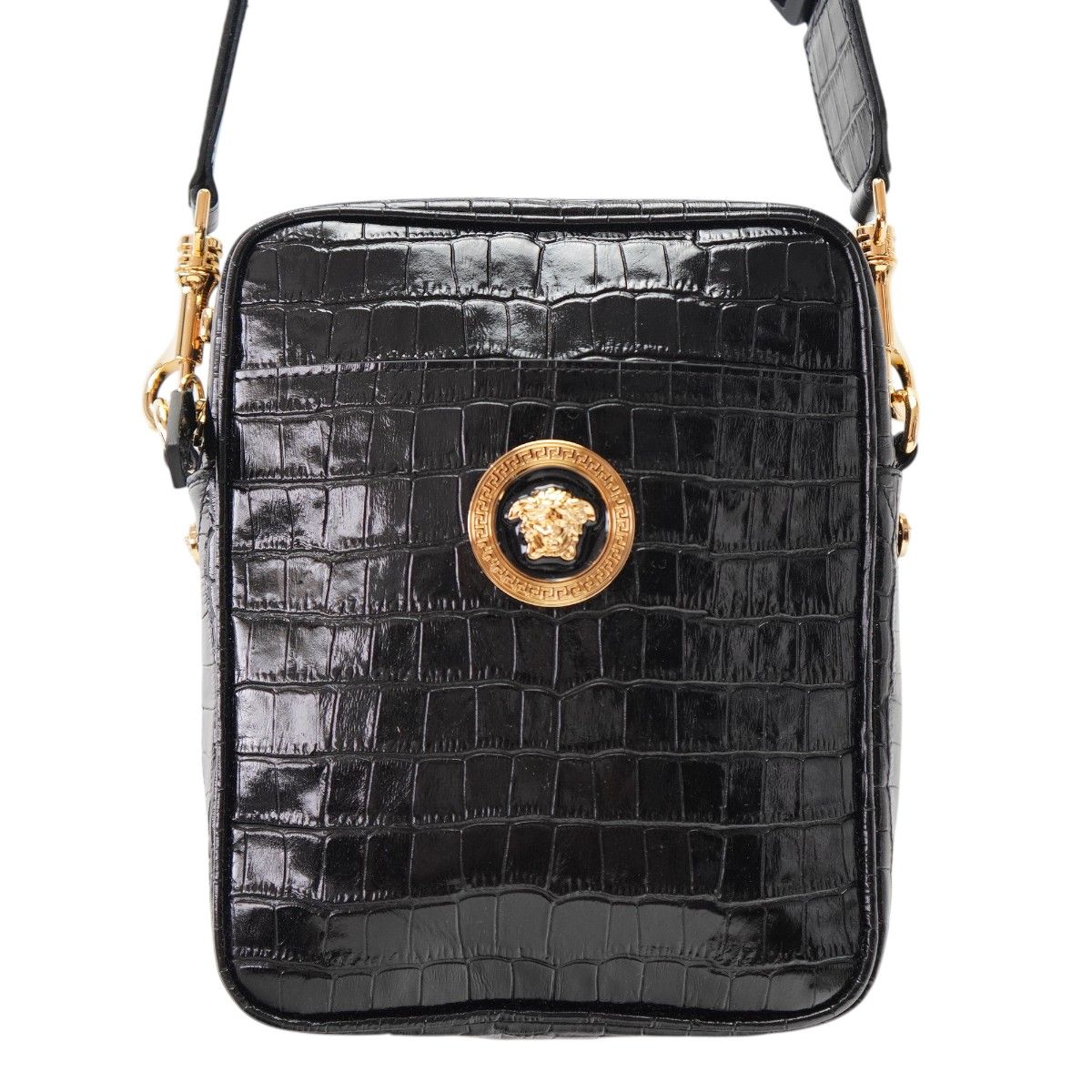 VERSACE ヴェルサーチ メデューサ クロコ型押しレザ―/ナイロン ショルダーバッグ ブラック/ゴールド S2607-k139