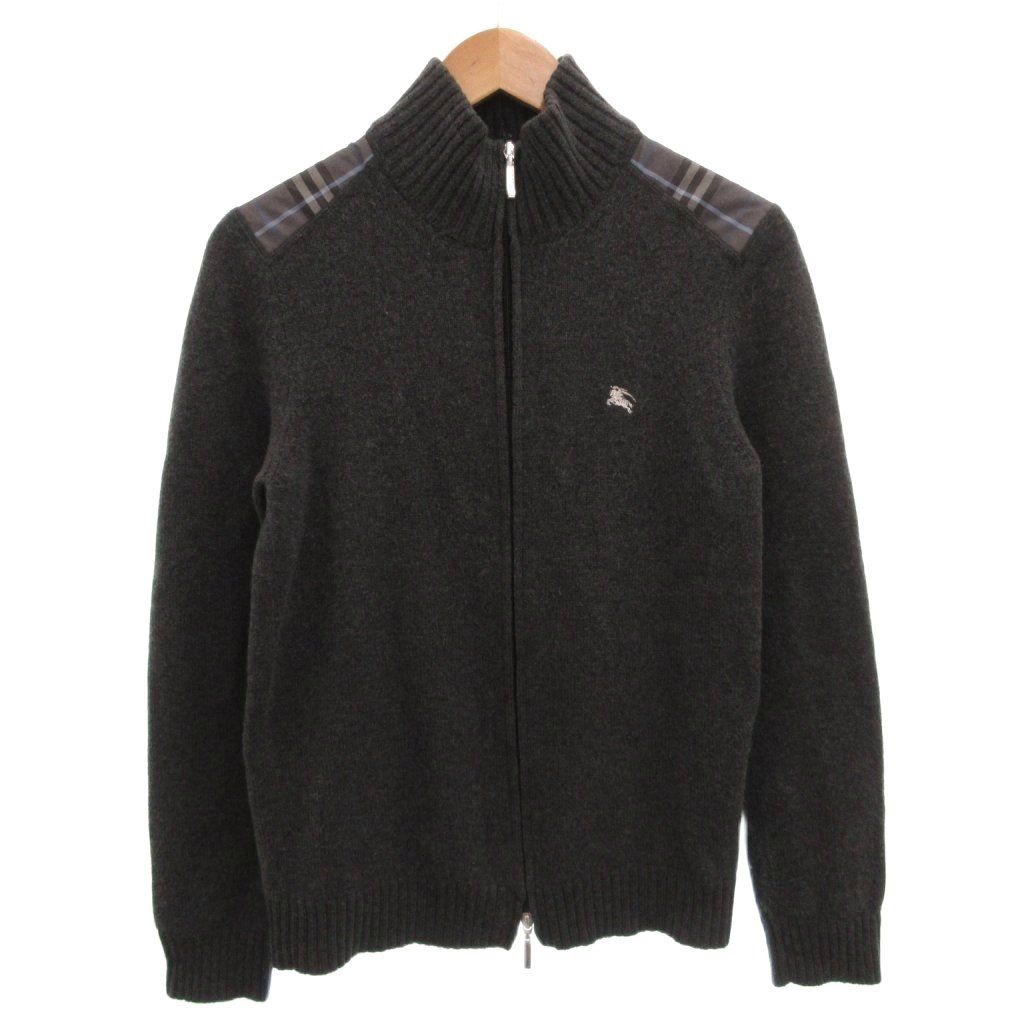 バーバリーブラックレーベル BURBERRY BLACK LABEL ウールカシミヤ ドライバーズニット ブルゾン ノバチェック ホース刺繍 3 グレー /FF IBO1