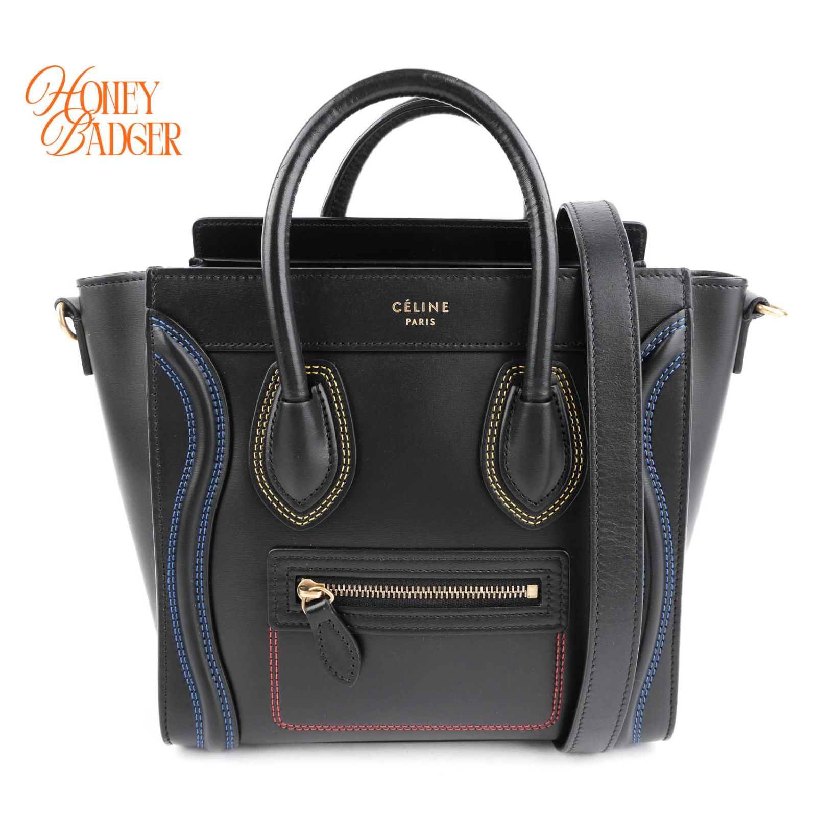 【希少モデル・極美品・2WAY】セリーヌ CELINE ラゲージ ナノショッパー スムースレザー ブラック マルチカラーステッチ
