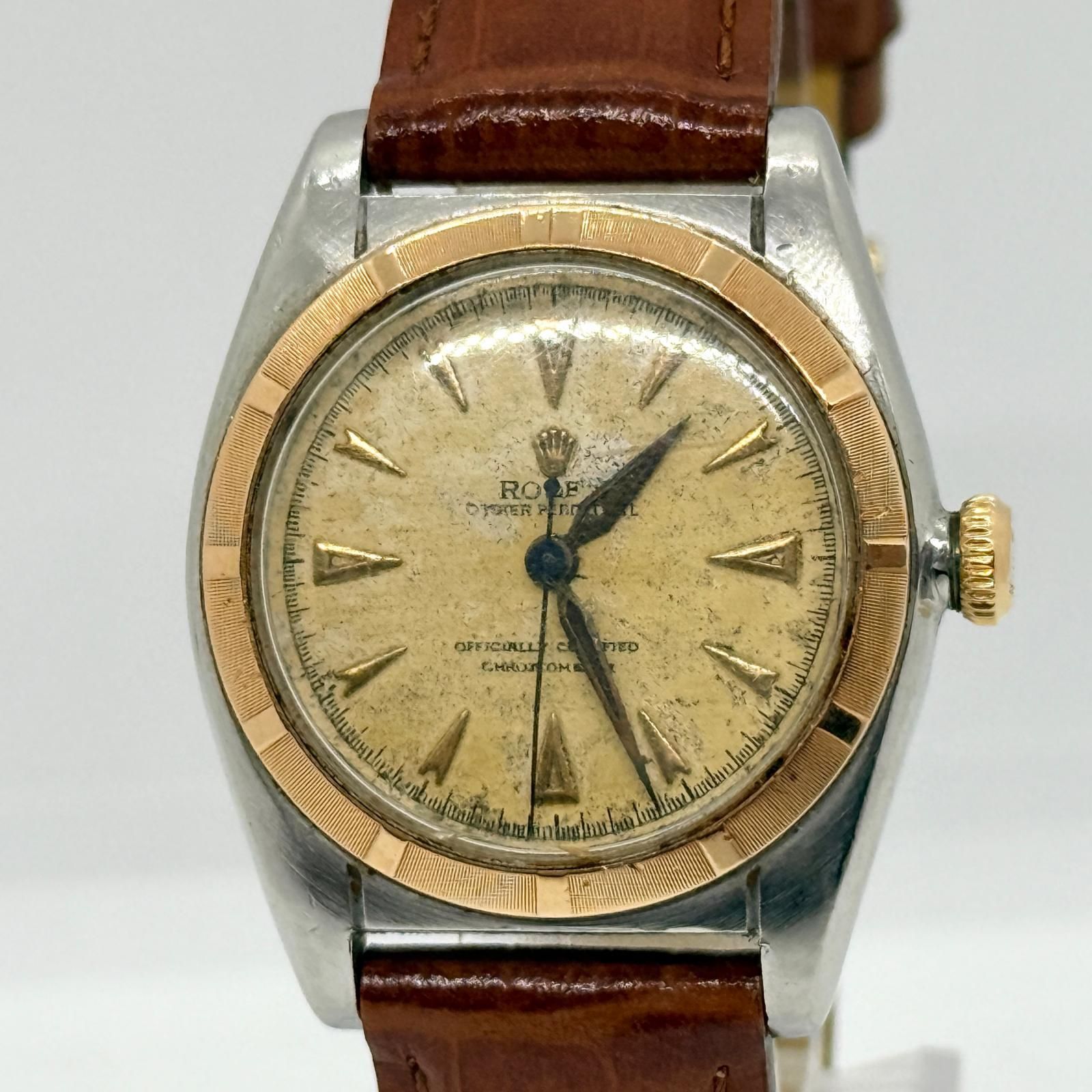 ROLEX ロレックス オイスターパーペチュアル 5015 SS/PG/革 AT ユニセックス バブルバック 腕時計 稼働品