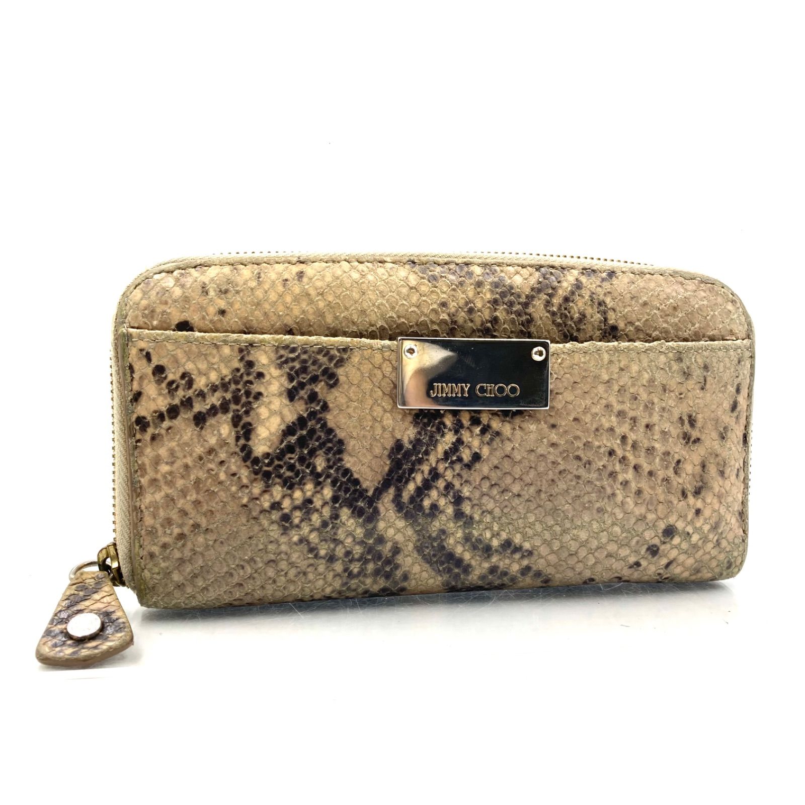 JIMMY CHOO ジミーチュウ　パイソン型押しレザー　ラウンドファスナー　長財布　ロゴプレート　ベージュ系　イタリア製　ホログラムあり