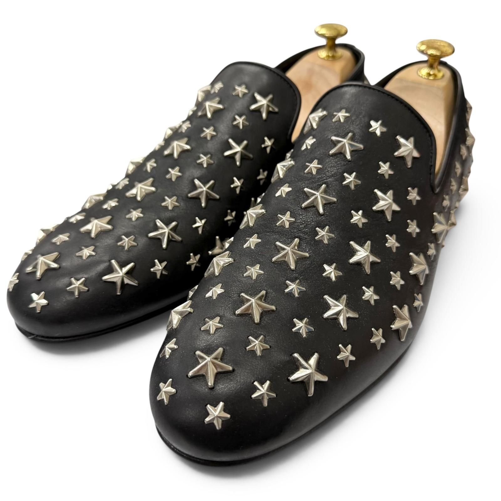 未使用品□JIMMY CHOO ジミーチュウ SLOANE レザー スタースタッズ モカシン フラットシューズ ローファー ブラック 41 イタリア製