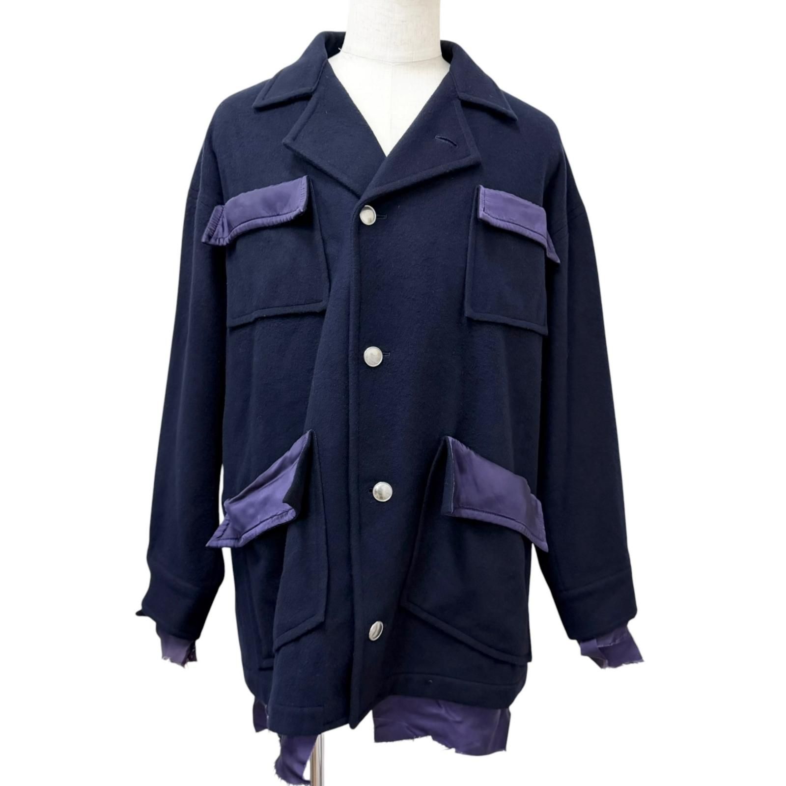 美品□sulvam サルバム OVER BLOUSON JACKET ウール80％ オーバーサイズ ブルゾンジャケット ダークネイビー パープル M 日本製 正規品