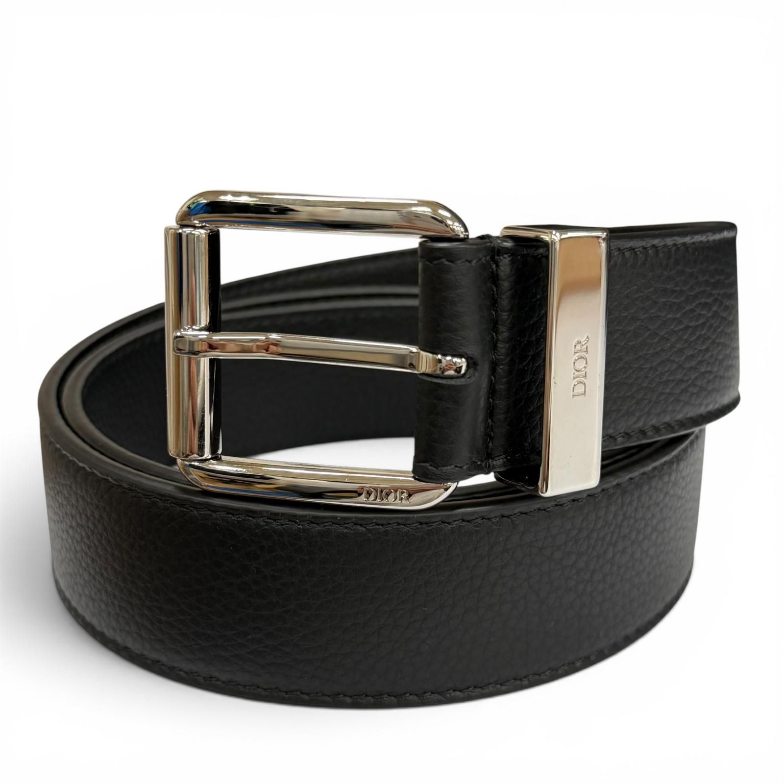 極美品▼DIOR ディオール オム 4333PLYMJH00N グラビティ グレインドカーフスキン ピンバックル レザーベルト ブラック シルバー金具 90