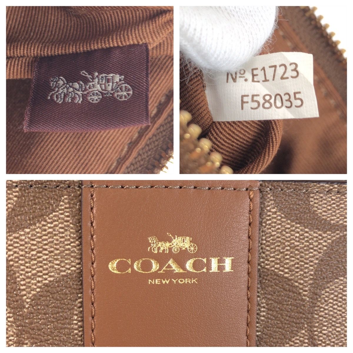 美品 COACH コーチ シグネチャー ブラウン ゴールド金具 PVC F58035