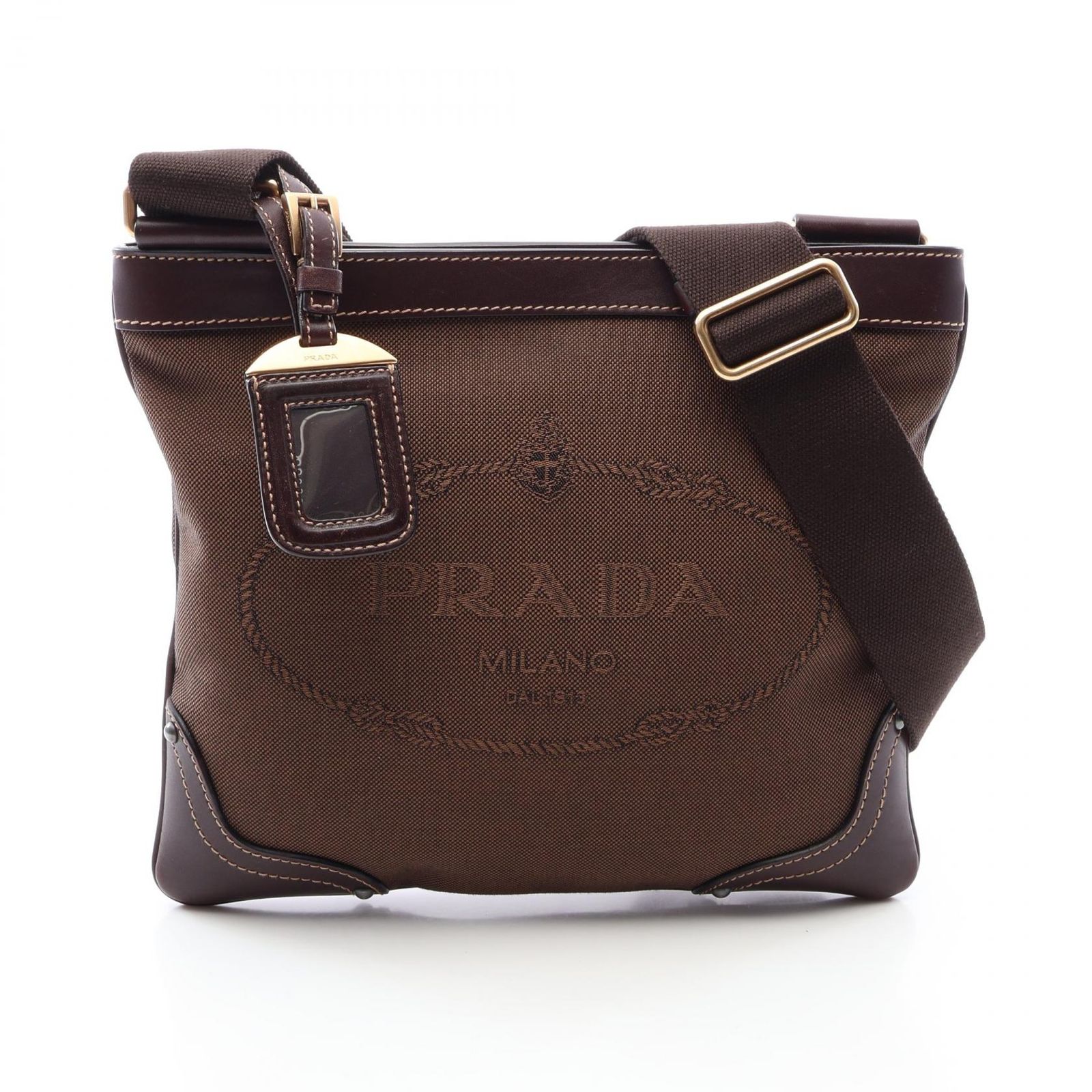 プラダ PRADA ショルダーバッグ LOGO JACQUARD ロゴジャガード ブラウン/ブラック キャンバス レザー ロゴ ジャガード ショルダーバッグ レディース Used A 64,240円