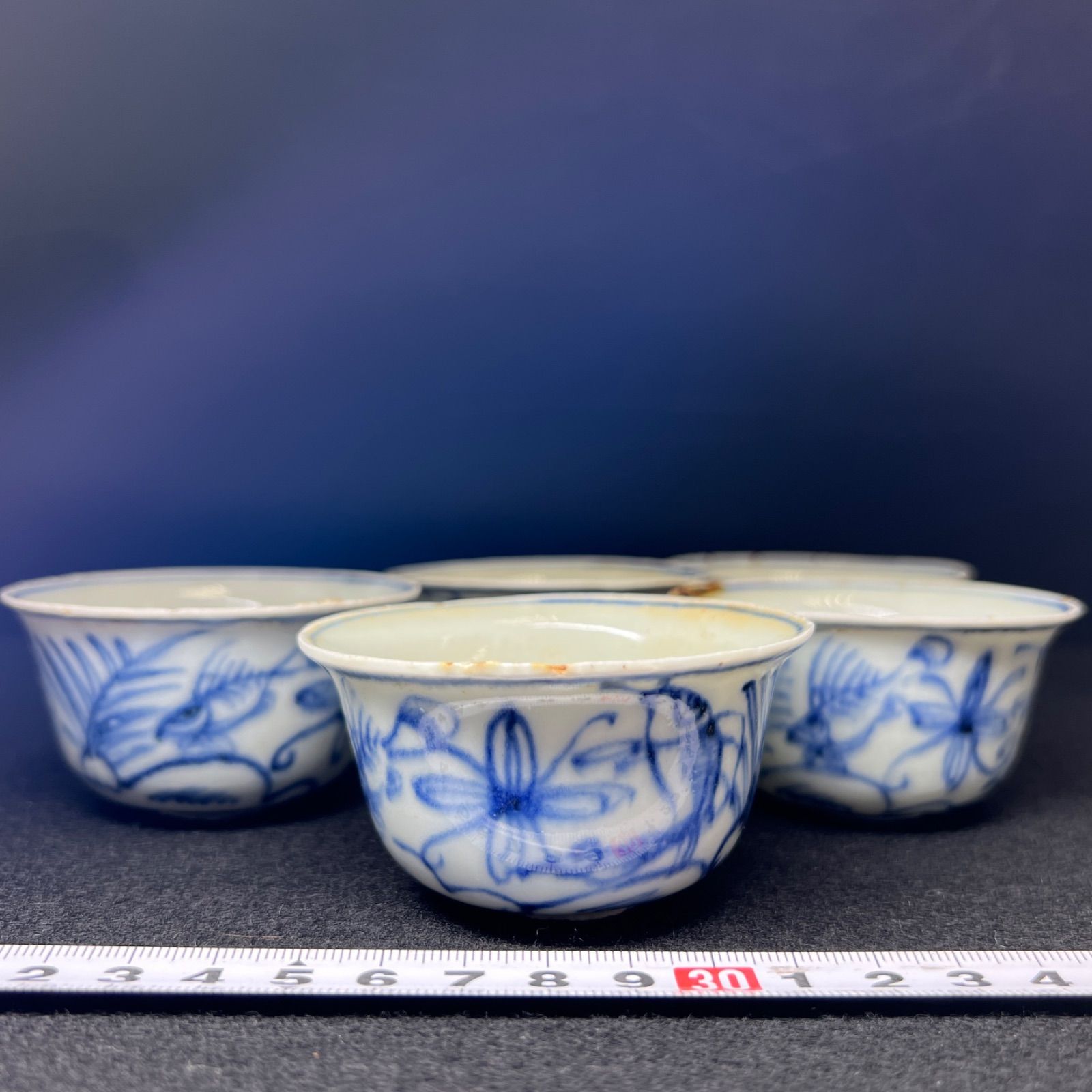 中国明時代 古染付煎茶碗5客 二重箱 口径約7.5㎝ 新Y8-0728☆トヒコサ