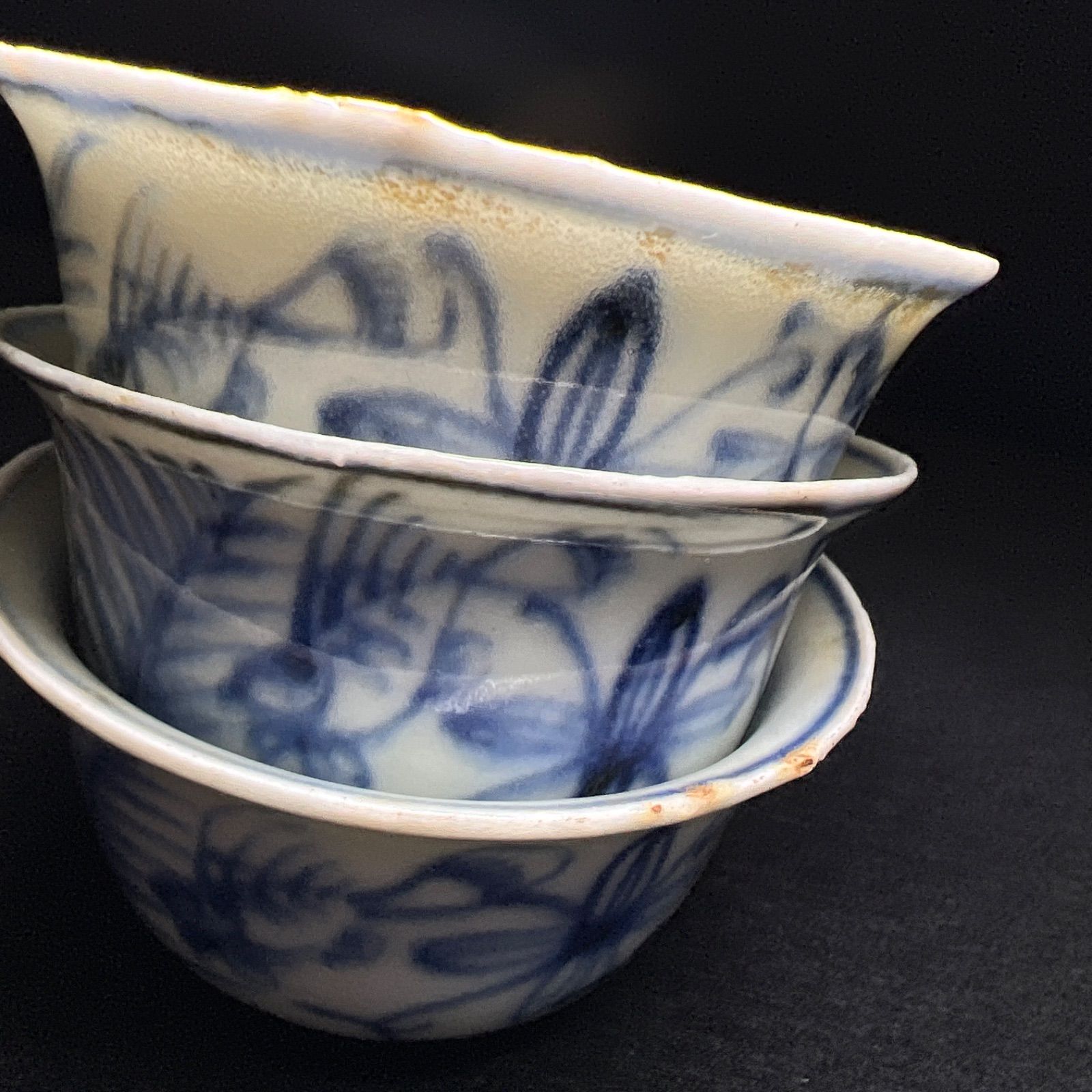 中国明時代 古染付煎茶碗5客 二重箱 口径約7.5㎝ 新Y8-0728☆トヒコサ