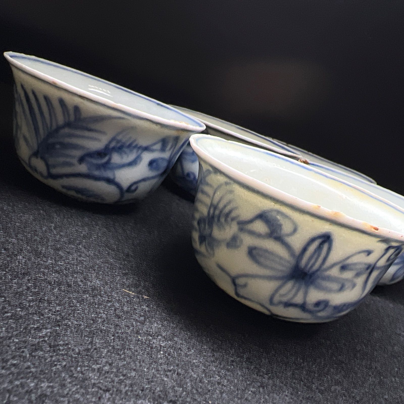 中国明時代 古染付煎茶碗5客 二重箱 口径約7.5㎝ 新Y8-0728☆トヒコサ