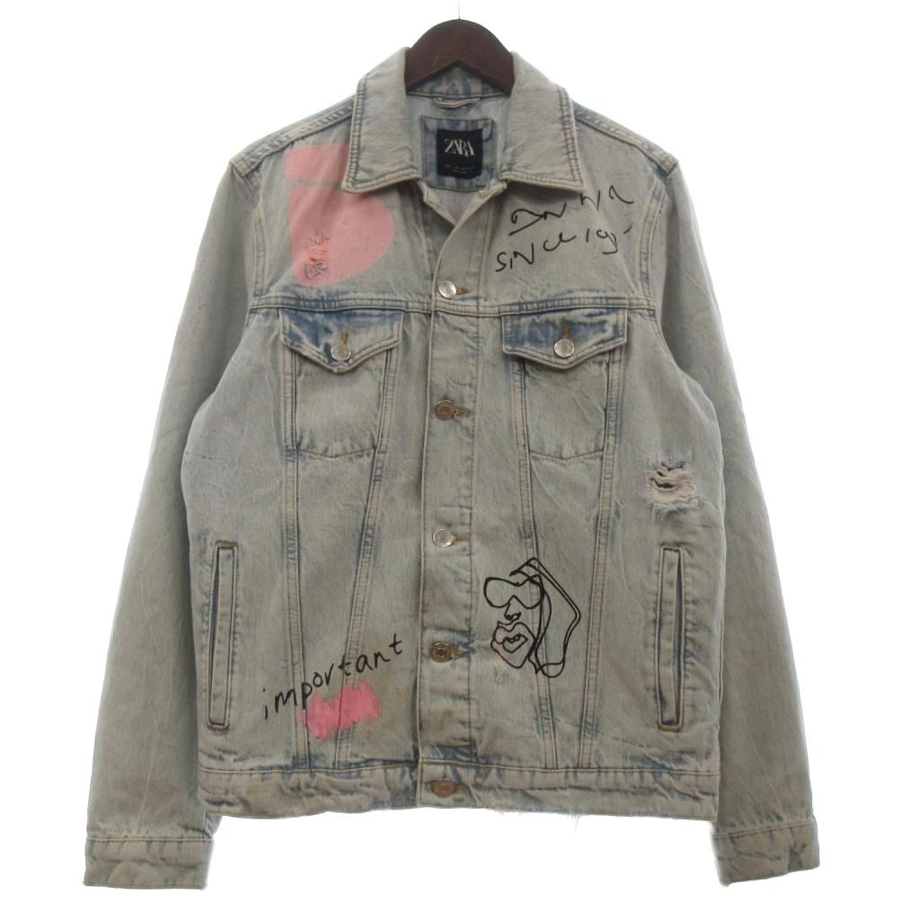 ザラ ZARA デニムジャケット Gジャン 長袖 ペイント加工 青 ブルー S