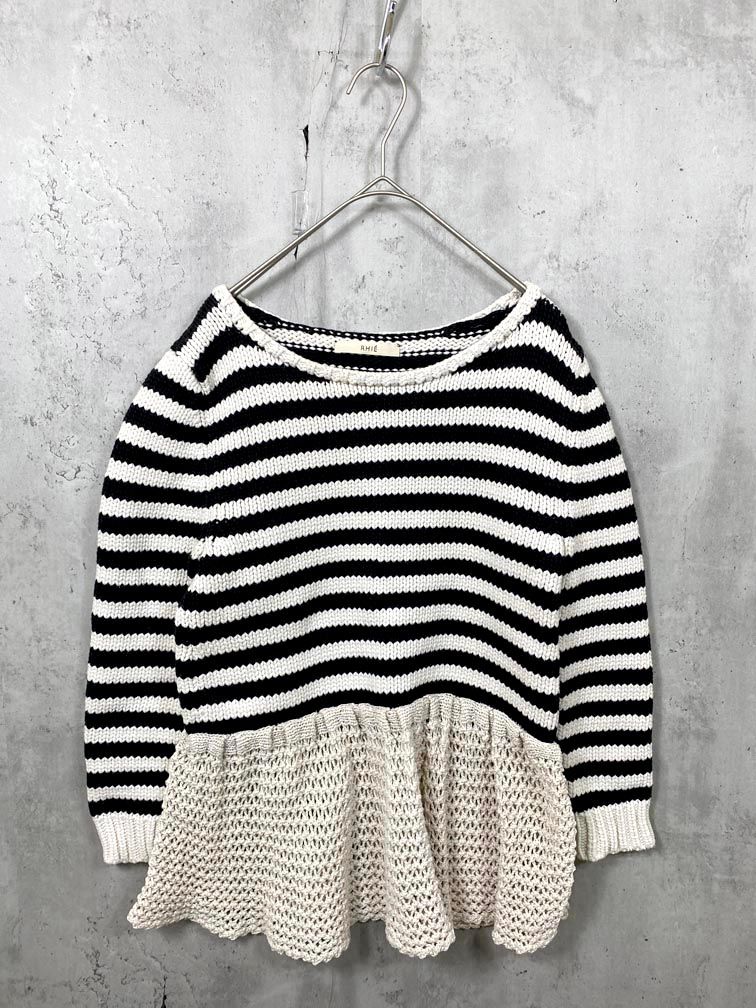 RHIE リエ ボーダー ペプラム ニット セーター プルオーバー sizeS/黒×白 ◇■◎レディース 6,450円