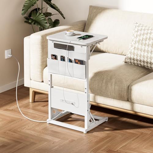 HLFURNITUREサイドテーブルコンセント付き 折りたたみ コの字型ベッドサイドテーブル幅40×奥行30×高さ70cmソファテーブル 収納ポケットビングテーブル式モダンファッションミニバインテージースタイル ソファ スリム 小型(白)ｍａ b75cccf4