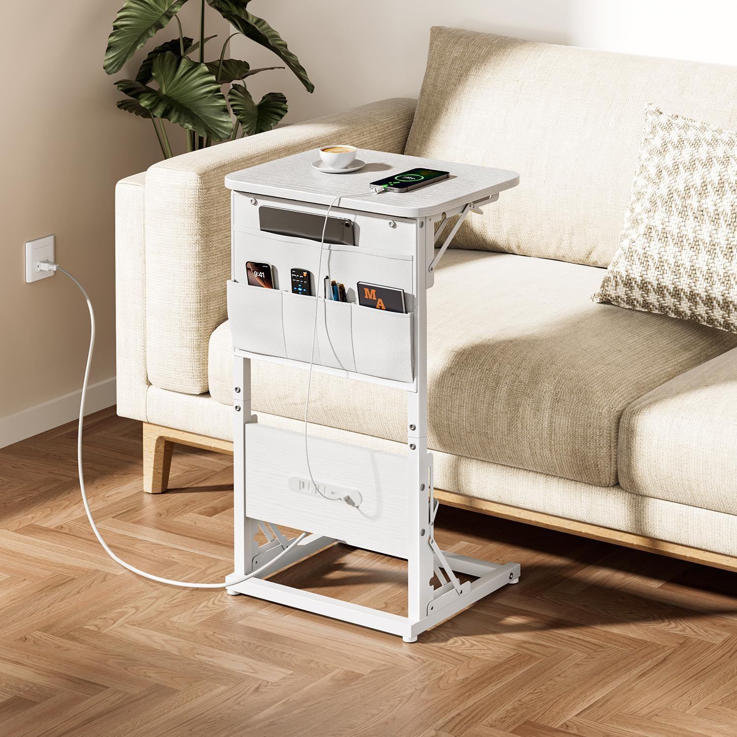 HLFURNITUREサイドテーブルコンセント付き 折りたたみ コの字型ベッドサイドテーブル幅40×奥行30×高さ70cmソファテーブル 収納ポケットビングテーブル式モダンファッションミニバインテージースタイル ソファ スリム 小型(白)ｍａ b75cccf4