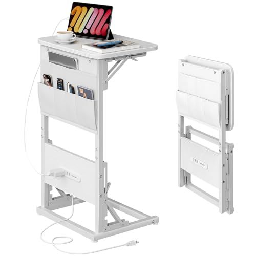 HLFURNITUREサイドテーブルコンセント付き 折りたたみ コの字型ベッドサイドテーブル幅40×奥行30×高さ70cmソファテーブル 収納ポケットビングテーブル式モダンファッションミニバインテージースタイル ソファ スリム 小型(白)ｍａ b75cccf4