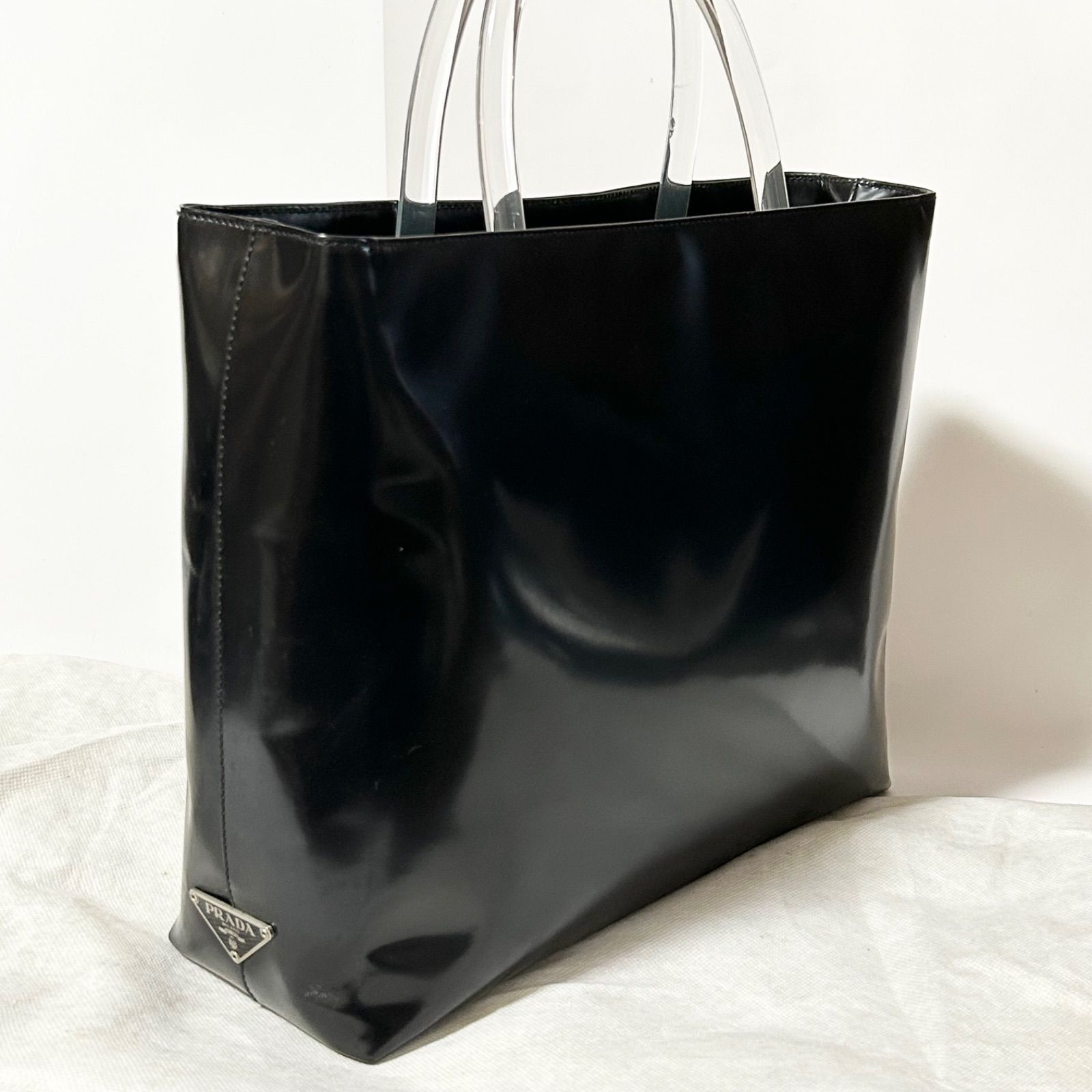 PRADA プラダ アイコン ロゴ エナメル レザー クリアハンドル トートバッグ ブラック