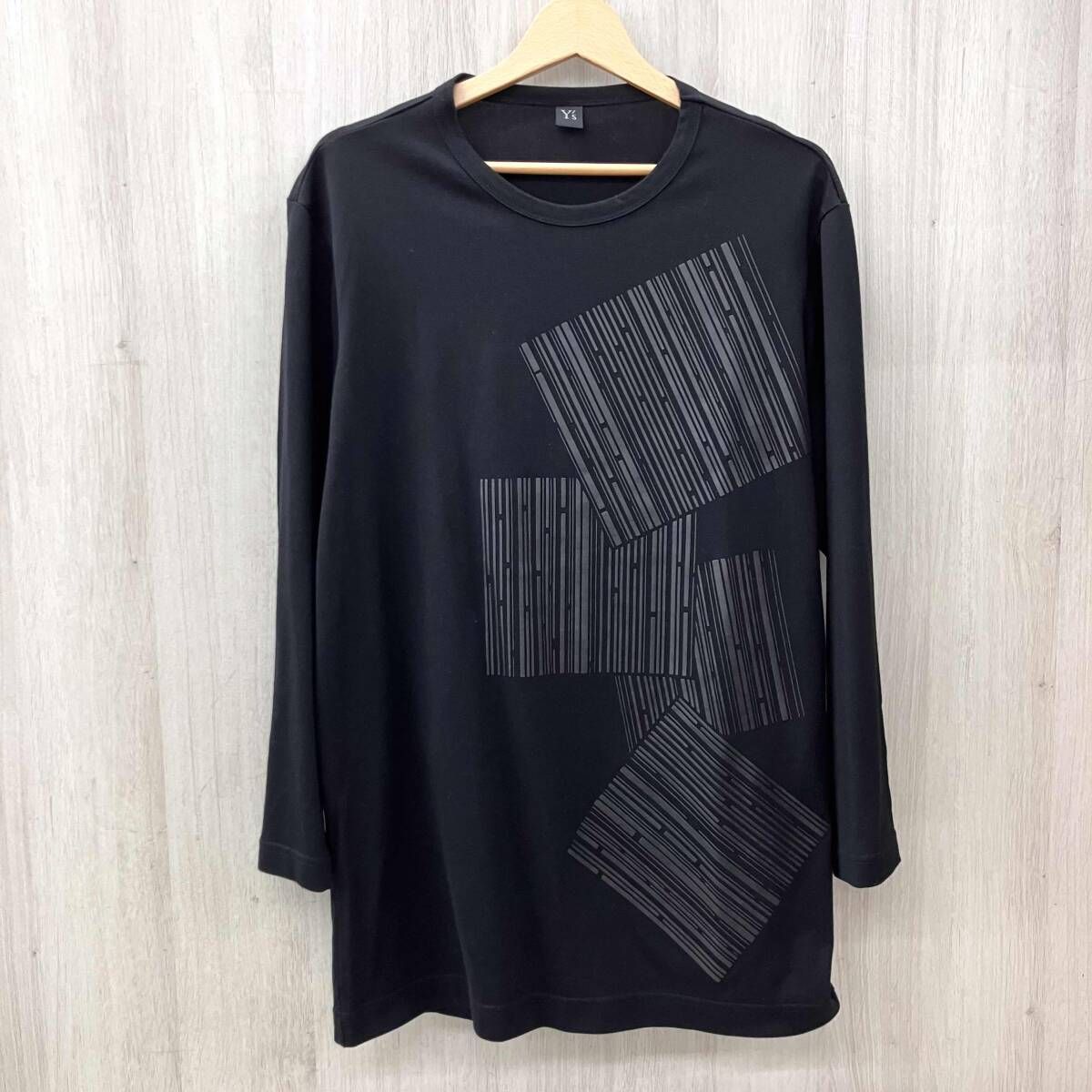 Y\'s/ワイズ/長袖Tシャツ・カットソー/ブラッククルーネックロングスリーブカットソー/バーコード風/ブラック/サイズ2