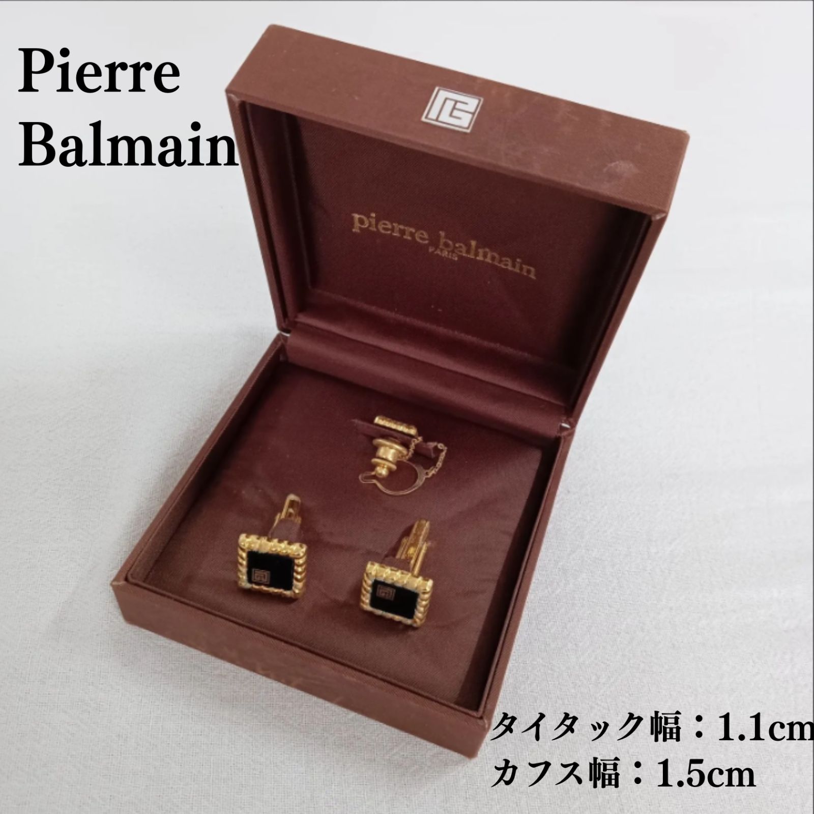 ３本セットバルマン非売品 ピエールバルマン カフス タイタック セット ブラック×ゴールド ロゴ