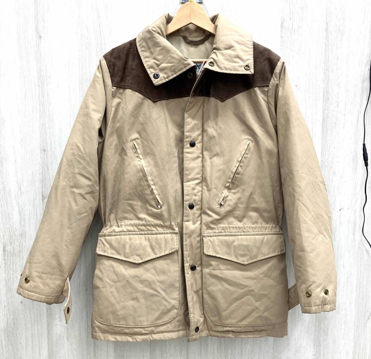 【現状品】70s-80s USA製 Schott ウエスタン レザーヨーク ダウンジャケット S ベージュ ショット ビンテージ ロッキーマウンテン型 旧タグ