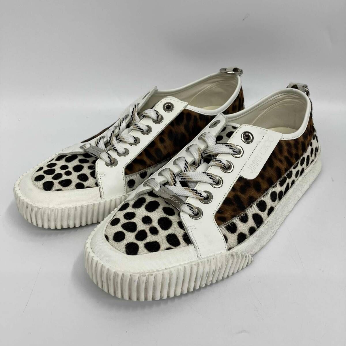 JIMMY CHOO/ジミーチュウ／スニーカー／ホワイト／レオパード ハラコ／ローカットスニーカー／サイズ27.5cm