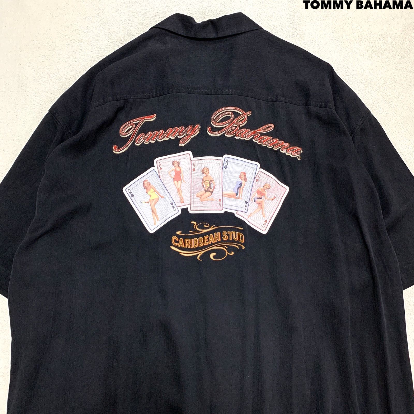 Tommy Bahama ハワイアンシャツ アロハシャツ クリーニング済 オープンカラー 開襟 プリント セクシー エロ トランプ ロゴ シルク100% ショートスリーブ 半袖 XXLサイズ ブラック 黒 トミーバハマ 6,715円