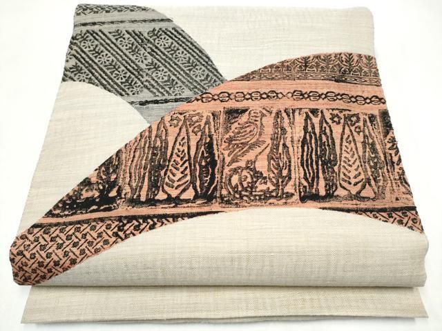 平和屋着物●太鼓柄袋帯　紬地　休み鳥樹林文　正絹　逸品　CABK5964hy