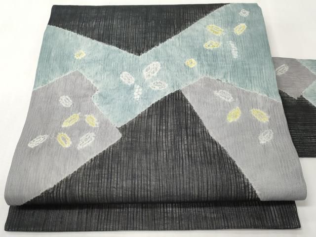平和屋着物＊夏物　九寸名古屋帯　絞り　切嵌舞葉文　黒地　正絹　逸品　CABK1935tx
