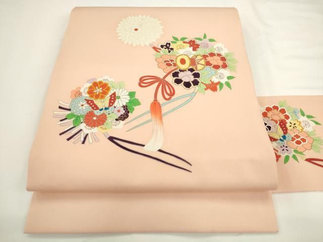 平和屋着物○塩瀬 九寸名古屋帯 駒刺繍 流水花文 金彩 正絹