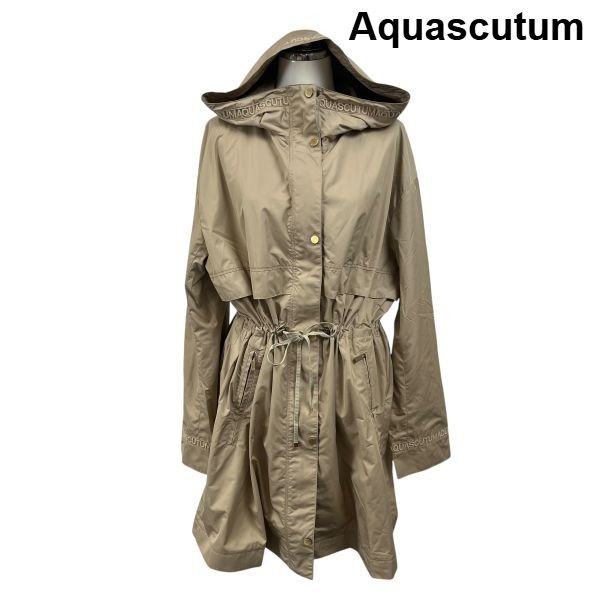 ◆ アクアスキュータム Aquascutum コート 長袖 フード付き ブランドロゴ入りテープ ドローコード ベージュ M 9号 レディース S6I267 12,514円