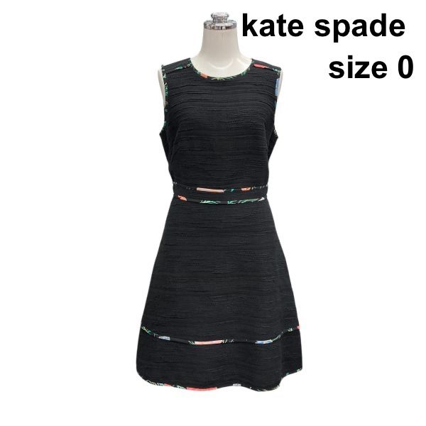□ ケイトスペードニューヨーク kate spade フレアワンピース ノースリーブ 膝丈 Aライン トリム ツイード 黒 綿混 0 XS レディース Z6C589