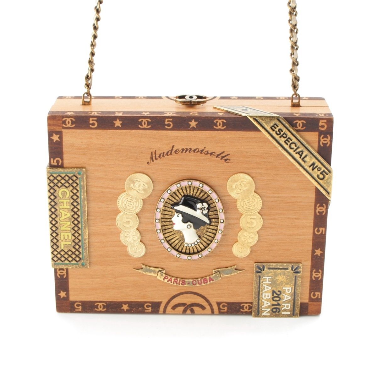 シャネル 2016-2017 23番台 キューバコレクション HABANA NIGHT CIGAR BOX BAG ウッドアイコン チェーン ショルダーバッグ ベージュ【中古】