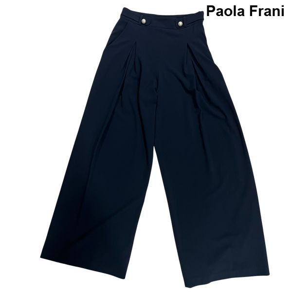 ◆ パオラフラーニ Paola Frani パンツ サイドジップ パール調 タック ワイドシルエット ネイビー M 9号 レディース S6I248