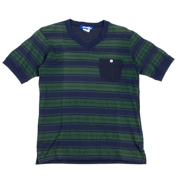 ジュンヤワタナベマン コムデギャルソンJUNYA WATANABE MAN COMME des GARCONS 鹿の子ボーダー切替Vネック半袖Tシャツ 緑紺S
