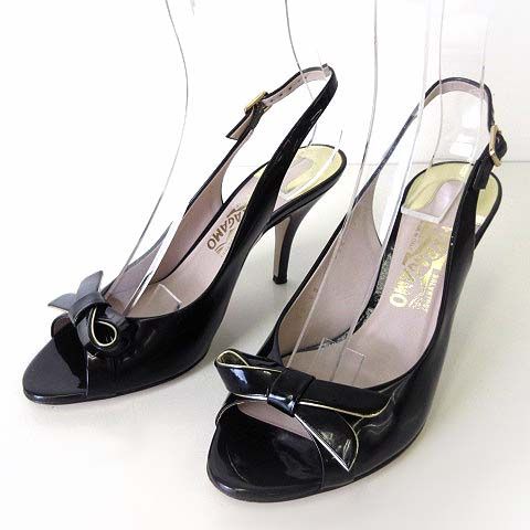 サルヴァトーレフェラガモ Salvatore Ferragamo サンダル ヒールサンダル ヴァラ リボン オープントゥ バックストラップ 本革 エナメル レザー 6.5 C 黒 ブラック ゴールド 23.5cm 靴 シューズ 美品