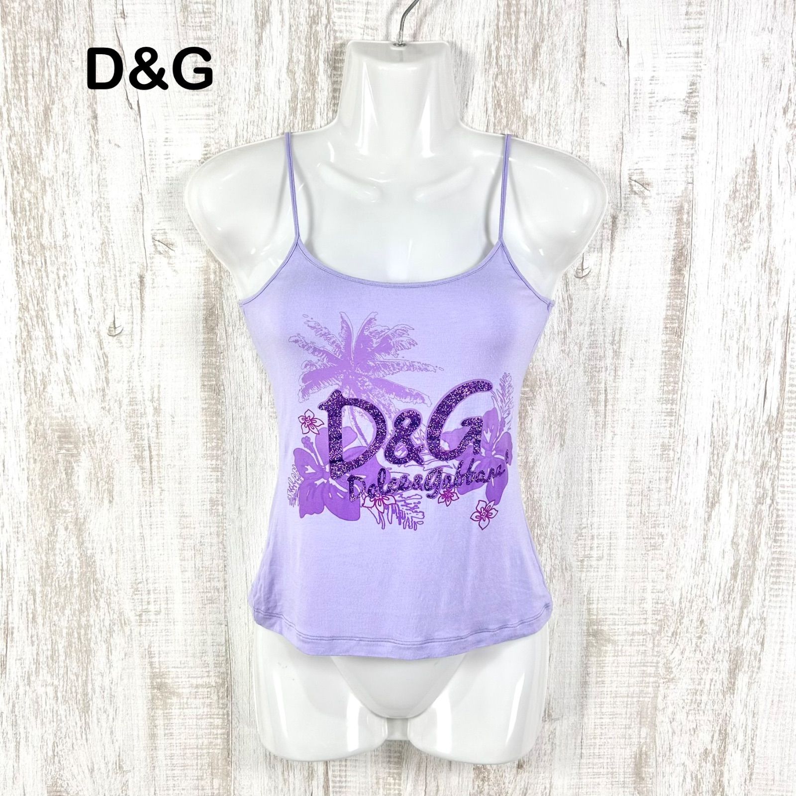 00s D&G DOLCE&GABBANA ドルチェアンドガッバーナ ラメロゴ ハイビスカス トロピカル キャミソール パープル y2k 平成ギャル