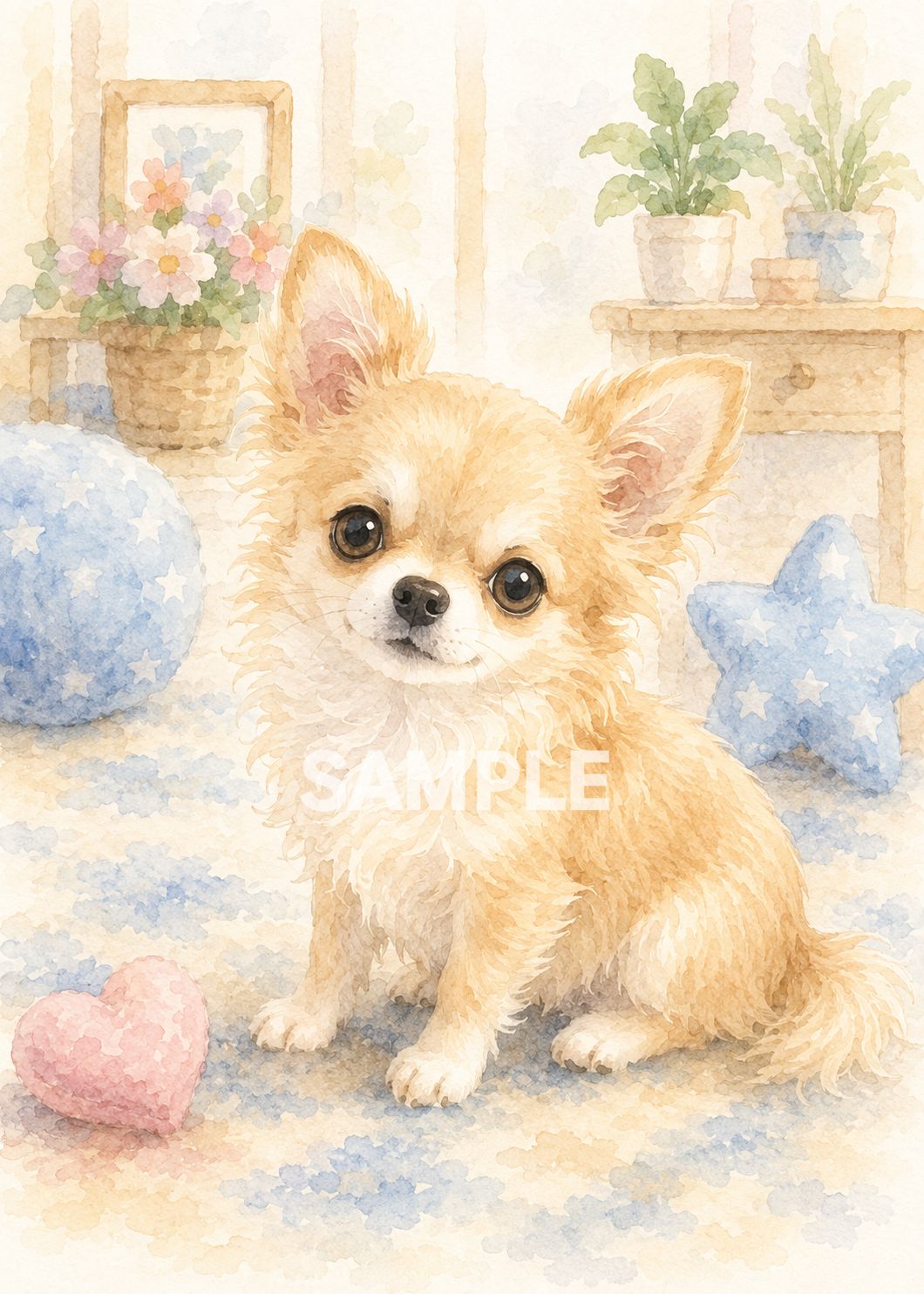 884 チワワ 水彩画風アートポスター 2Lサイズ ロングコートチワワ 犬