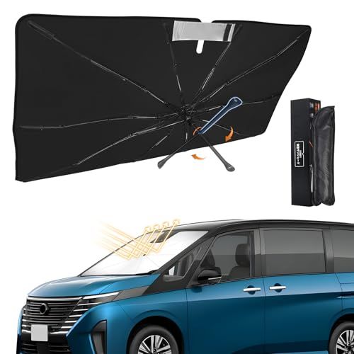新型 セレナ C28系 専用 傘型サンシェード 車種専用設計 360°回転可能 遮光 断熱UVカット フロントガラス用 10本骨グラスファイバー ワンタッチ収納 取付簡単 収納袋付き（SERENA C28 2022年12月-現行対応）ts 61d37b59