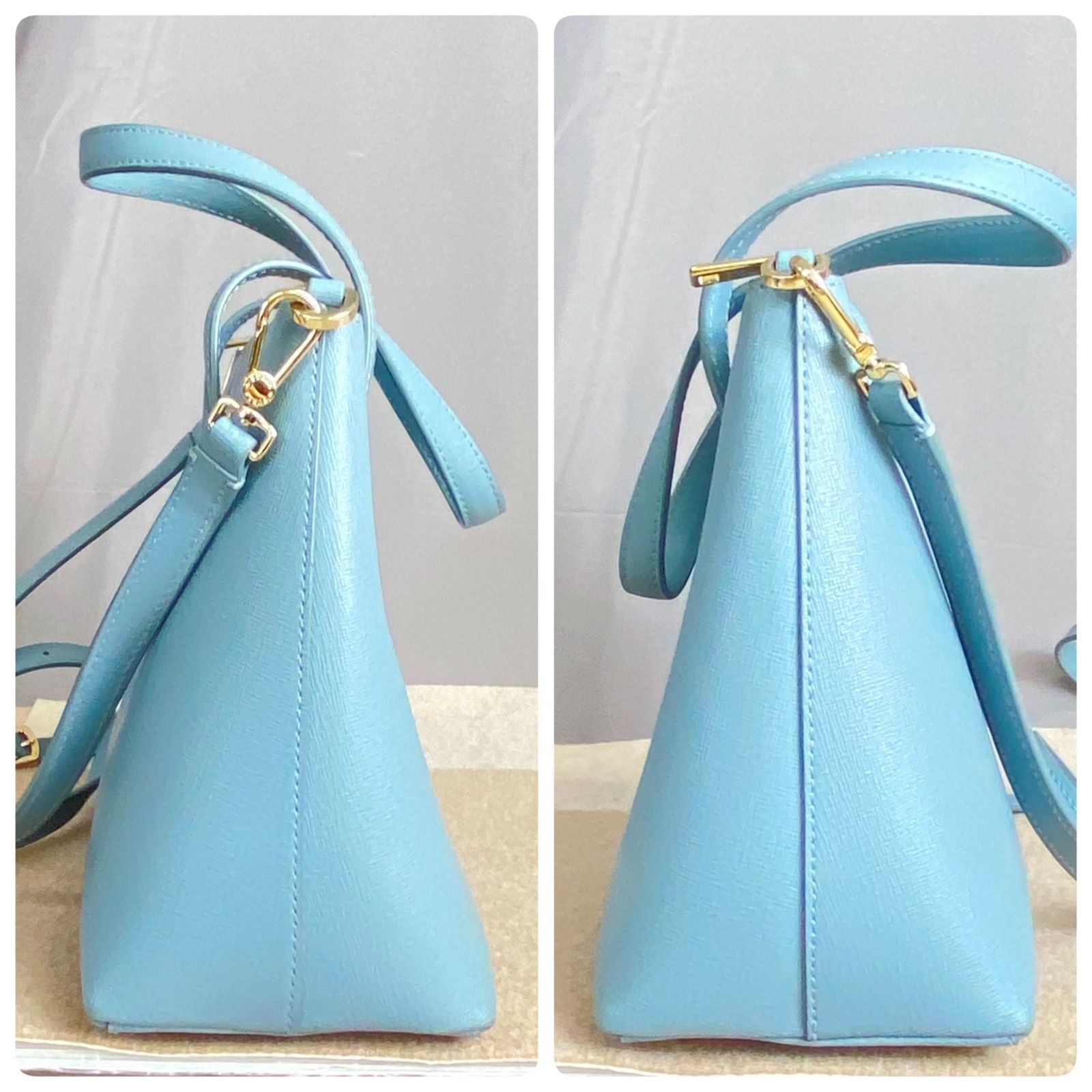 E フルラ FURLA トートバッグ 2WAY ライトブルー 水色 ゴールド金具 