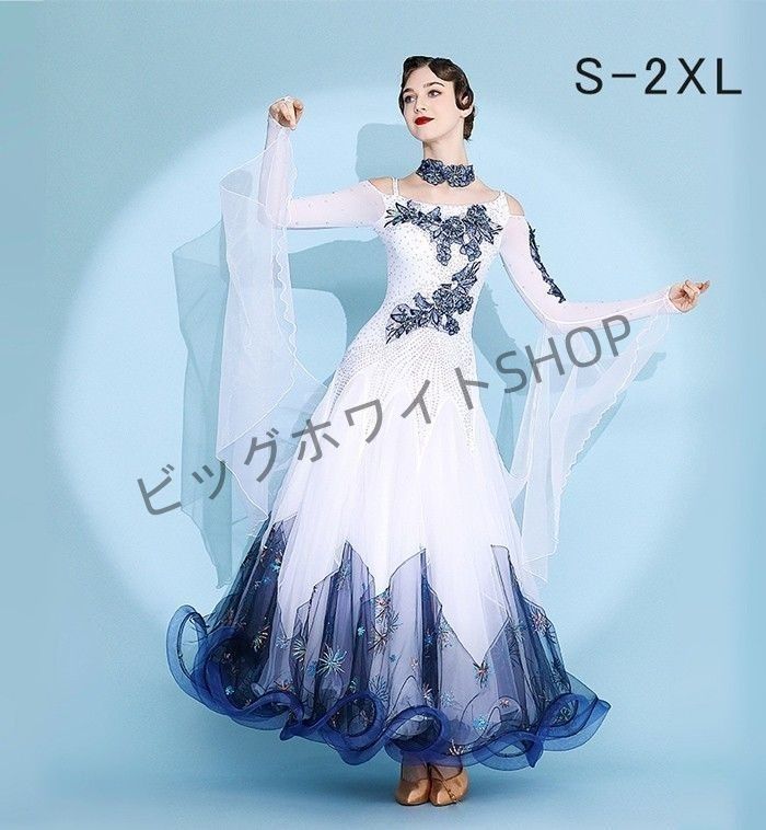 社交ダンスドレス フロート 上品 社交ダンス ドレス 社交ダンス衣装 ワンピース 長袖 広がる裾 花柄 レッスン着 発表会 競技着 練習着 演出用 スタンダード ワルツ専用ドレス ロング丈 オールシーズン ホワイト