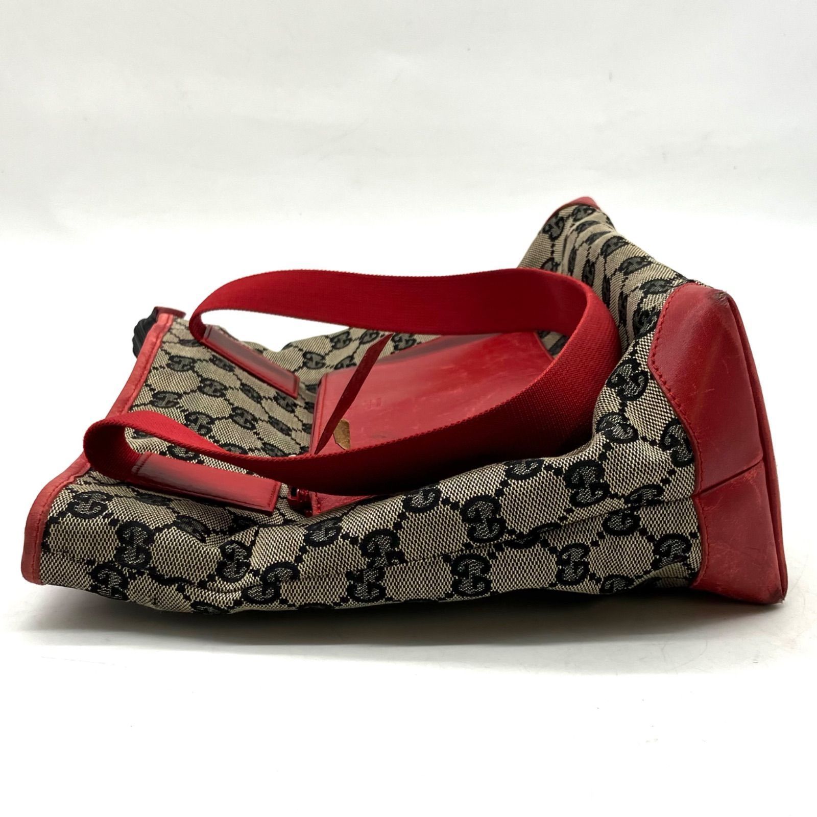 FA579【お買い得】GUCCI トートバッグ GGキャンバス 赤レザーポケット