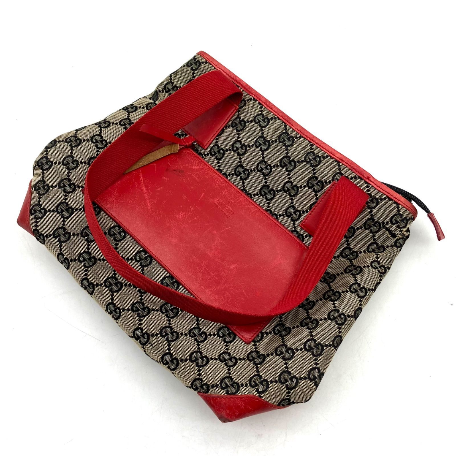 FA579【お買い得】GUCCI トートバッグ GGキャンバス 赤レザーポケット