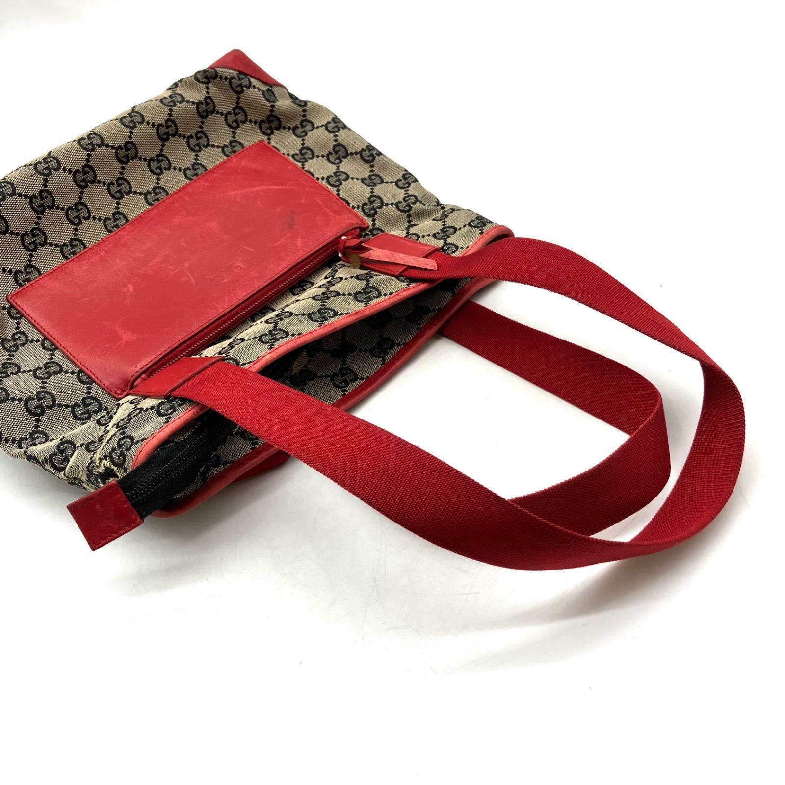 GUCCI トート（赤） FA579【お買い得】GUCCI トートバッグ GGキャンバス 赤レザーポケット