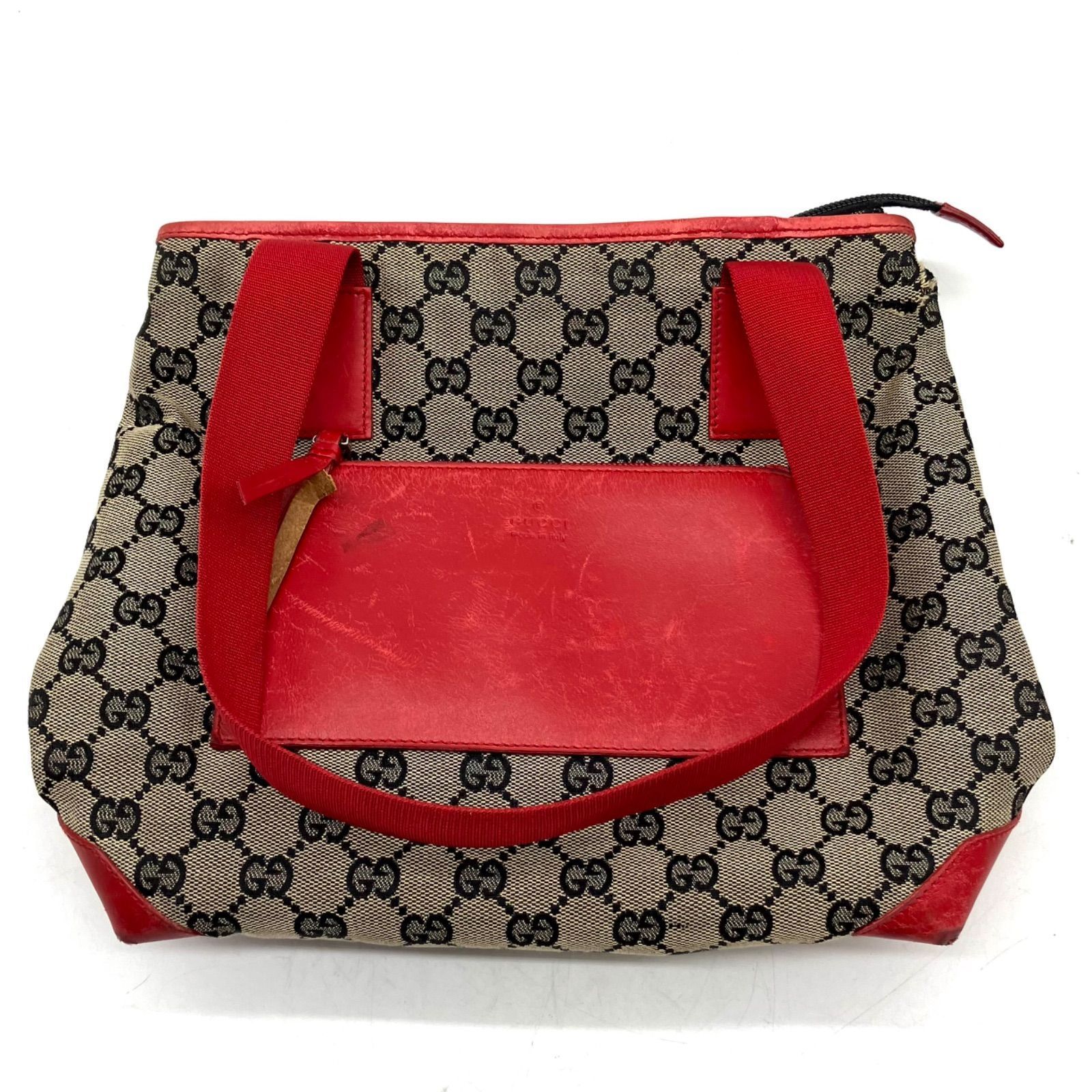 FA579【お買い得】GUCCI トートバッグ GGキャンバス 赤レザーポケット