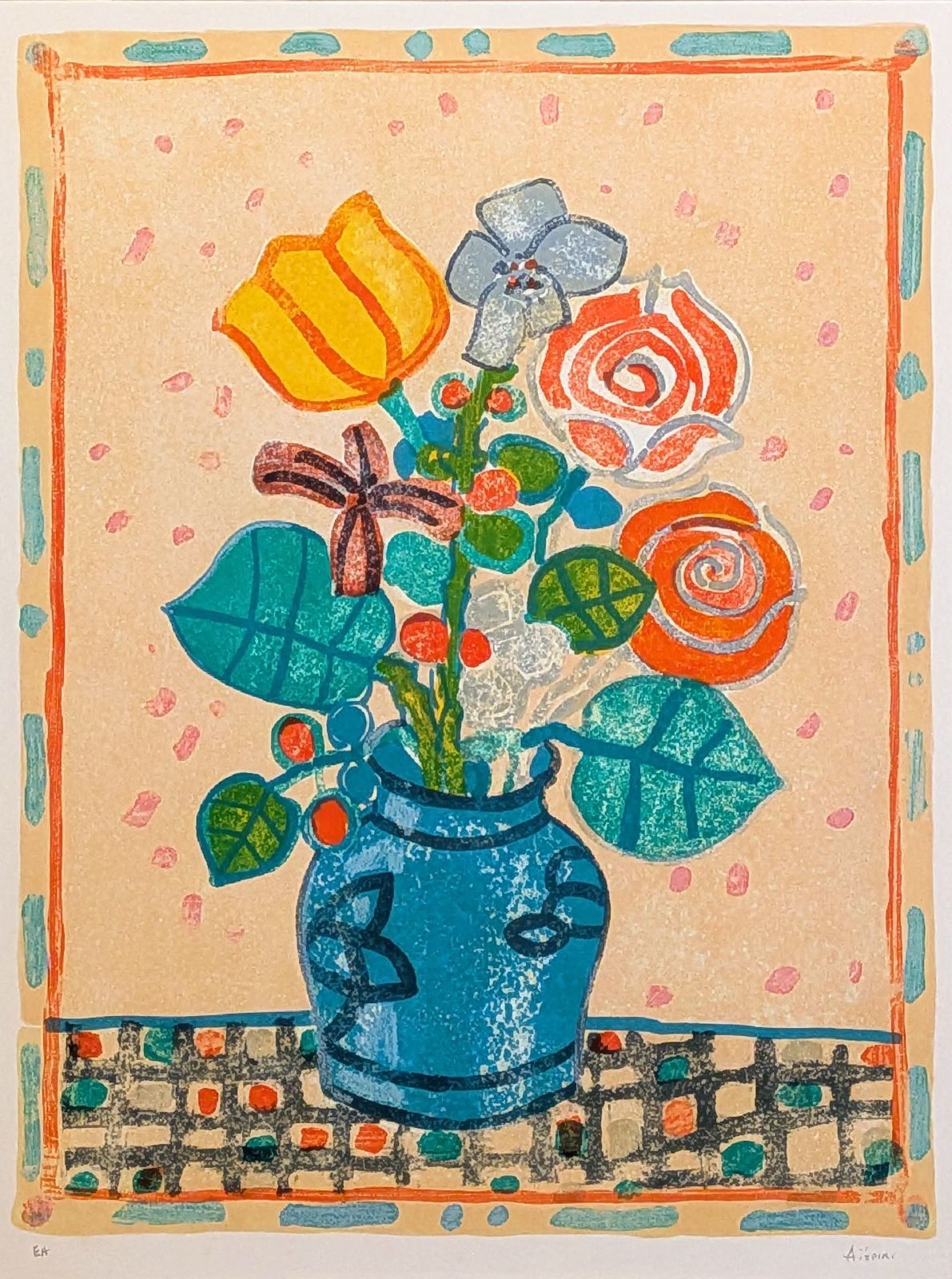 ポール・アイズピリ「ベージュ背景の青い花瓶の花束」リトグラフ 直筆