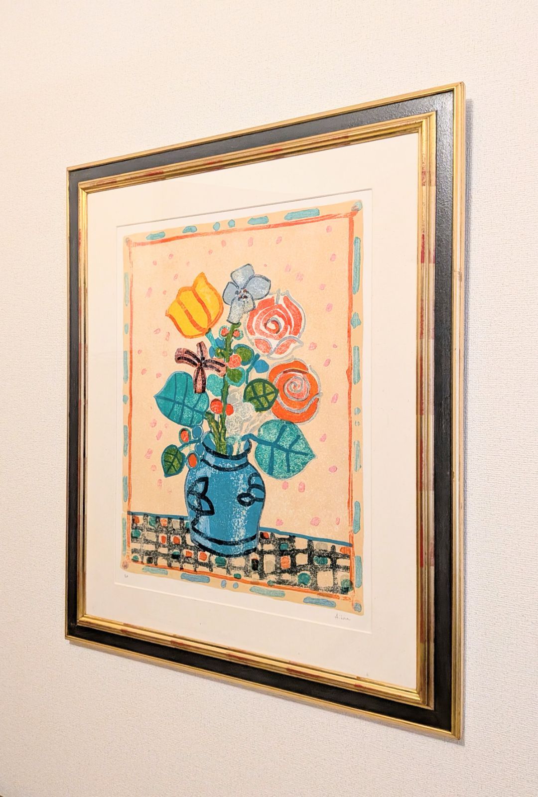 ポール・アイズピリ「ベージュ背景の青い花瓶の花束」リトグラフ 直筆