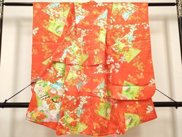 平和屋着物[]七五三　女の子　３歳　祝着　三つ身　駒刺繍　切嵌花車文　金彩　DABH5347ea