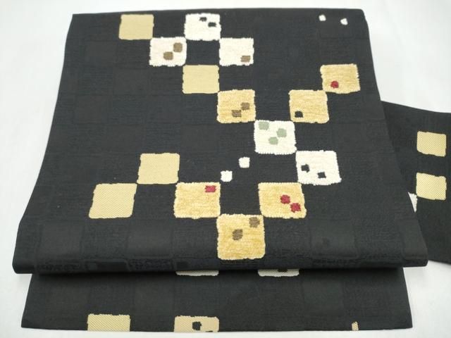 平和屋着物●九寸名古屋帯　モール織　変わり市松文様　黒地　正絹　逸品　CABK5909hy