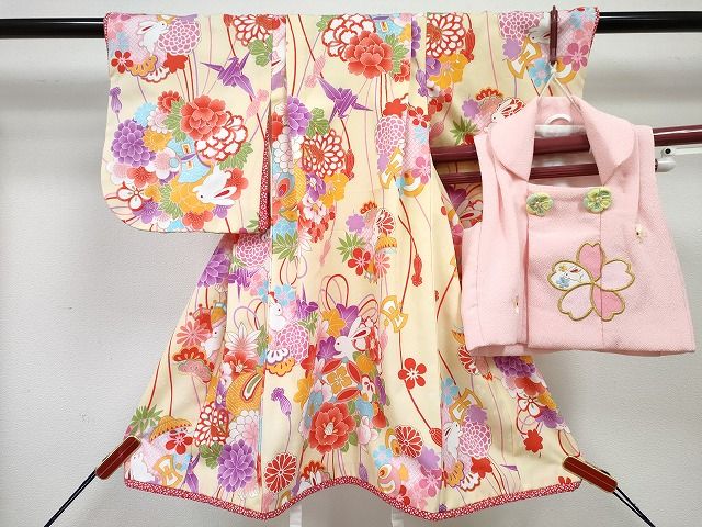 平和屋着物[]女の子　子供　ベビー着物　被布セット　刺繍　兎　吉祥花丸文　金彩　DABG3221ma