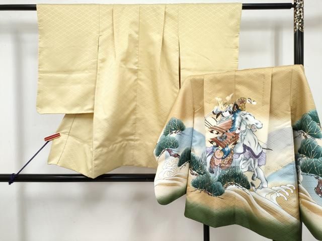 平和屋着物[]七五三　男の子　祝着・羽織セット　手描き　レグホーン色　武士　立波松文　暈し染め　金彩　DABG3227ma