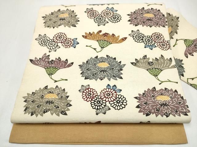 平和屋着物●本場琉球紅型　九寸名古屋帯　扇面草花文　金彩　正絹　逸品　CABK5919hy