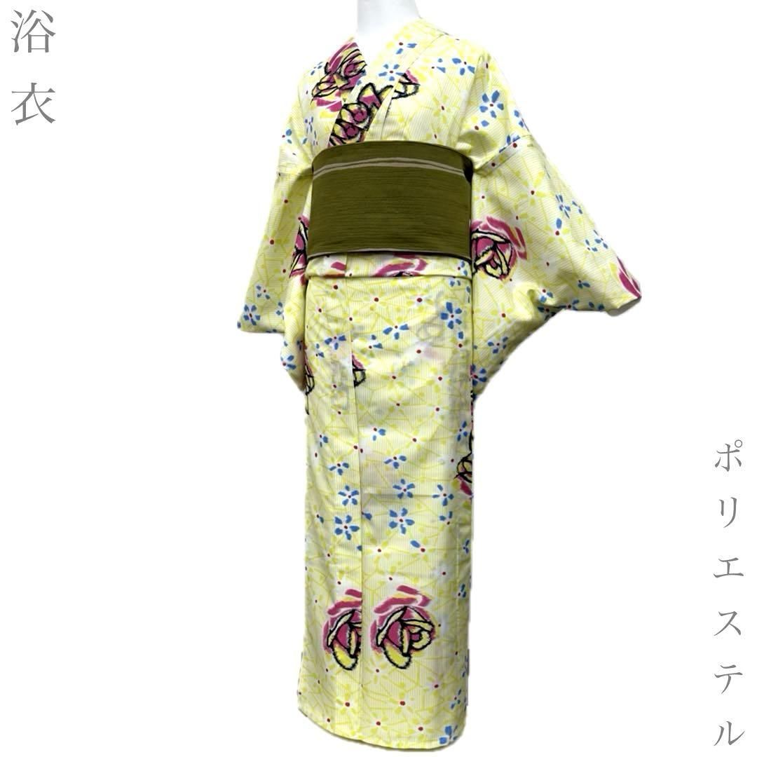 【着物と帯 時流】Y26883◆浴衣◆薔薇 ポリエステル 黄色